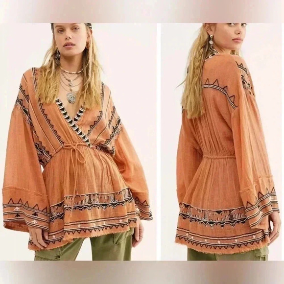 Free People Size Medium Terracotta Saffron Embroidered Tunic - Picture 1 of 7